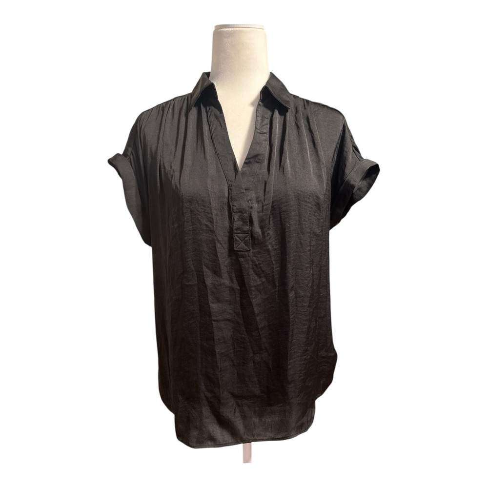 Naked Zebra V-Neck Short Sleeved Pleated Silky Blouse Black Sz L
